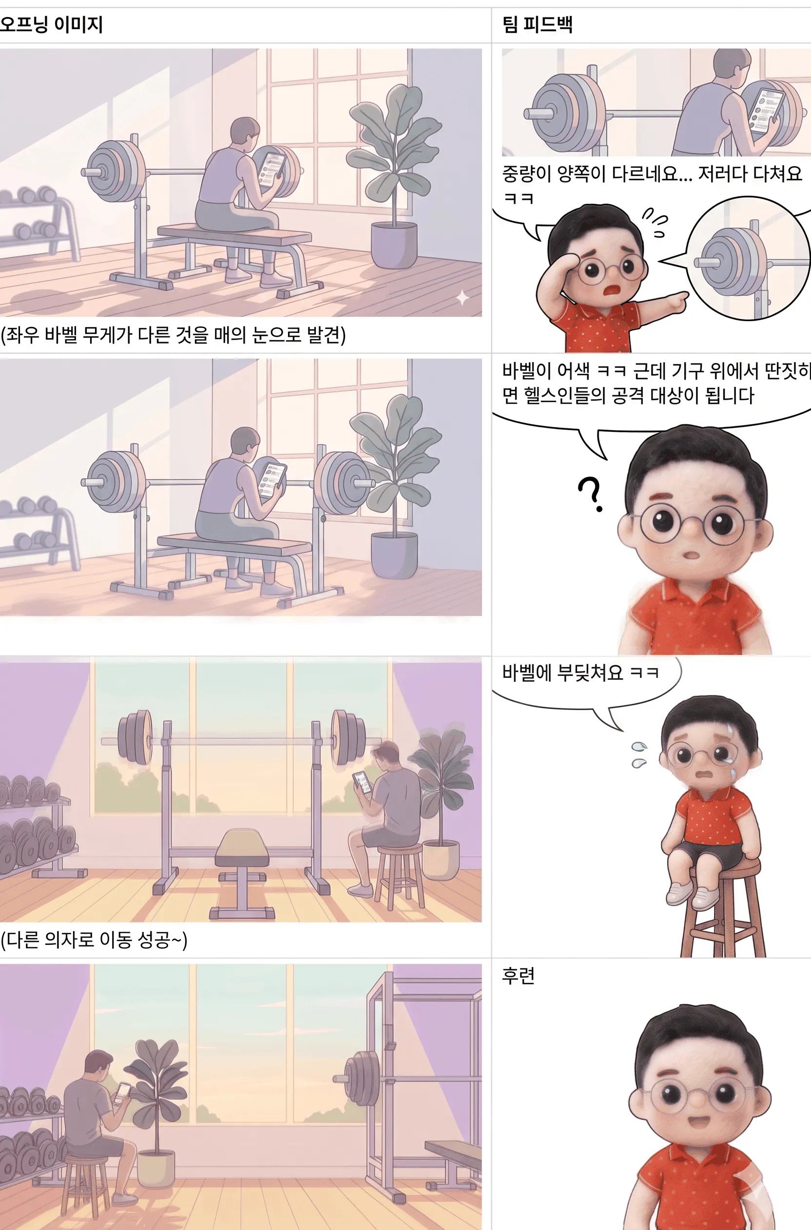 오프닝 이미지 변천사 — 바벨 중량 불균형, 바벨 부딪힘 등 팀 피드백을 받아 네 번 고친 끝에 완성된 4컷 만화
