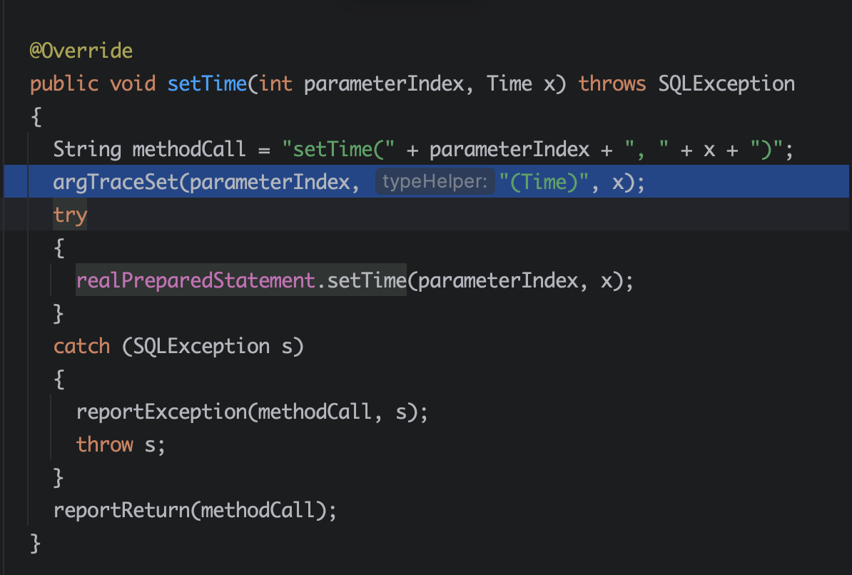 HikariProxyPreparedStatement setTime 메서드 코드