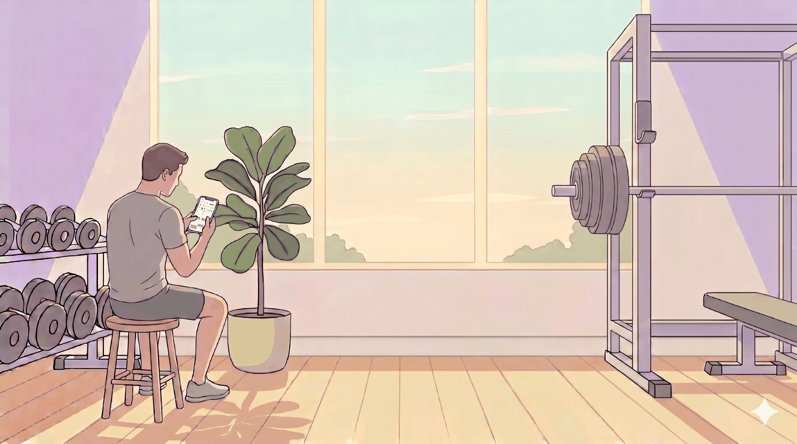 벤치프레스 세트 사이, 스마트폰으로 하루 브리핑을 읽는 장면