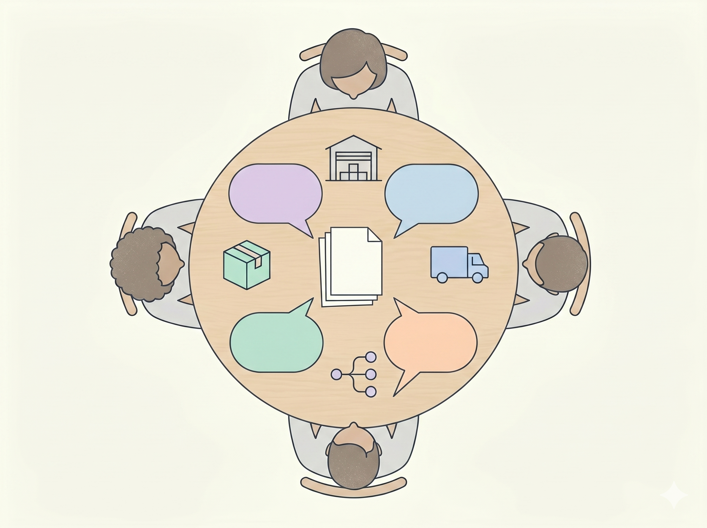 원탁 탑뷰: 네 관점이 안건을 두고 교차하는 라운드테이블