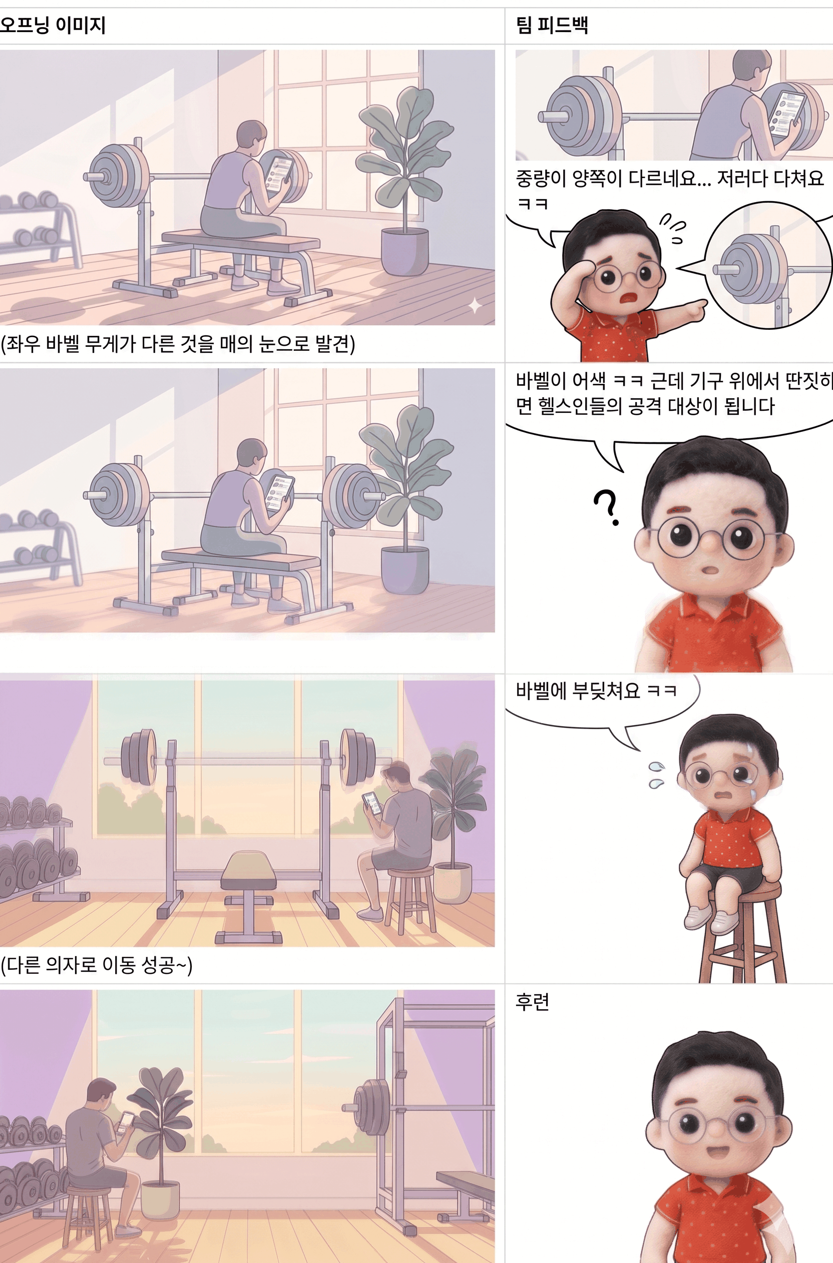 오프닝 이미지 변천사 — 바벨 중량 불균형, 바벨 부딪힘 등 팀 피드백을 받아 네 번 고친 끝에 완성된 4컷 만화